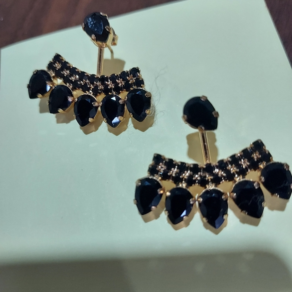 Black Swarovski crystal and goldtone ear jackets